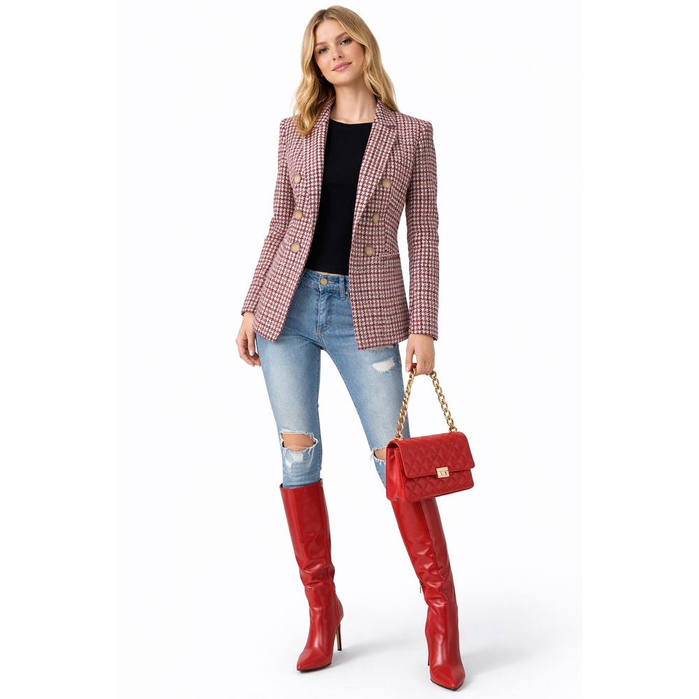 Jones New York Stylish Plaid Double Breasted Blazer Jacket Red White Black XS